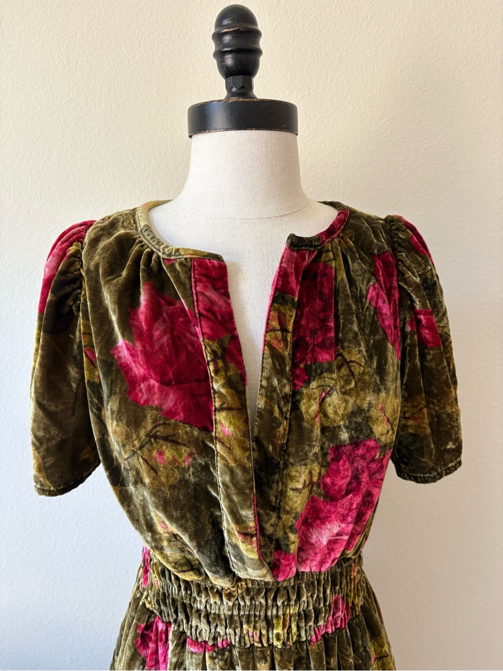 Anthropologie | Olive Green Velvet Maxi Dress with Pink Floral Print - Picture 3 of 5